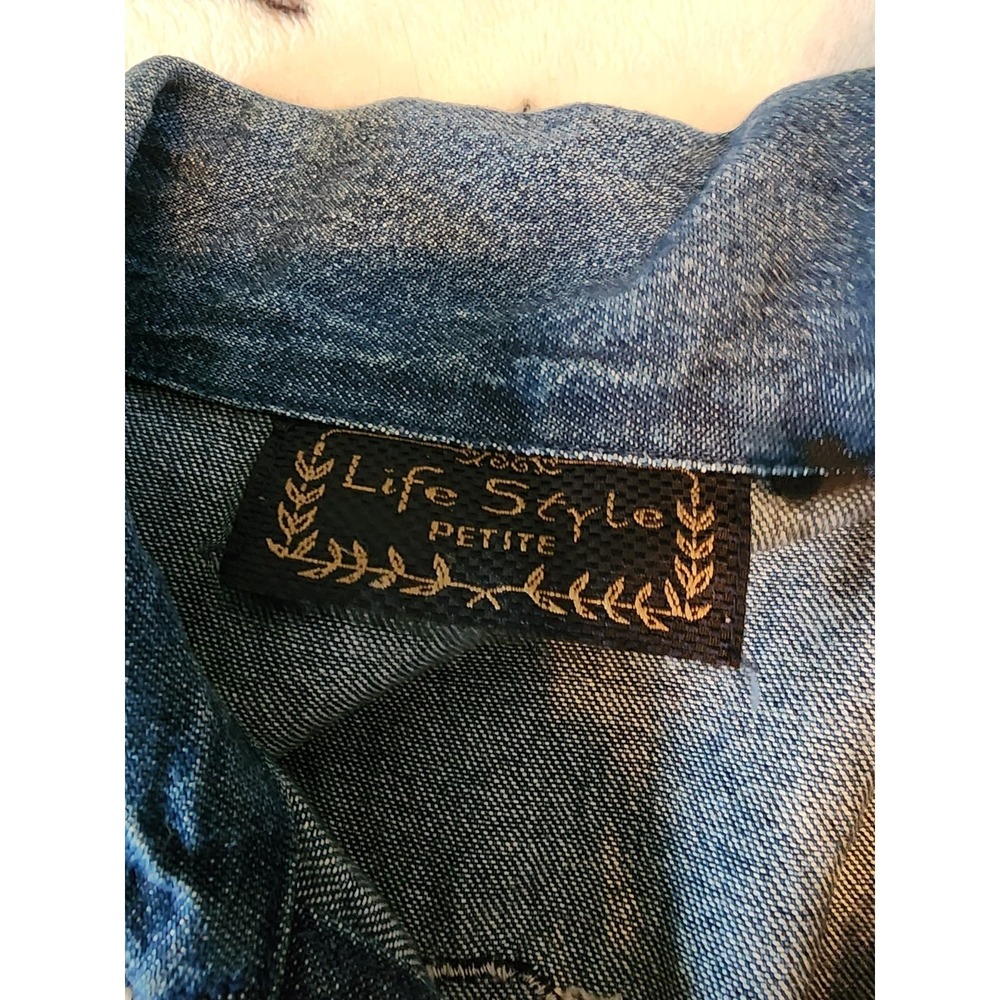 Vintage Life Style Petite PP Patriotic Cat Embroidered Denim Jacket USA Novelty - Picture 7 of 8